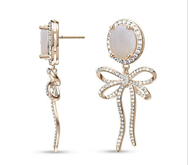 925 Sterling Silver White Opal Bow Tie Earrings on Rose Gold