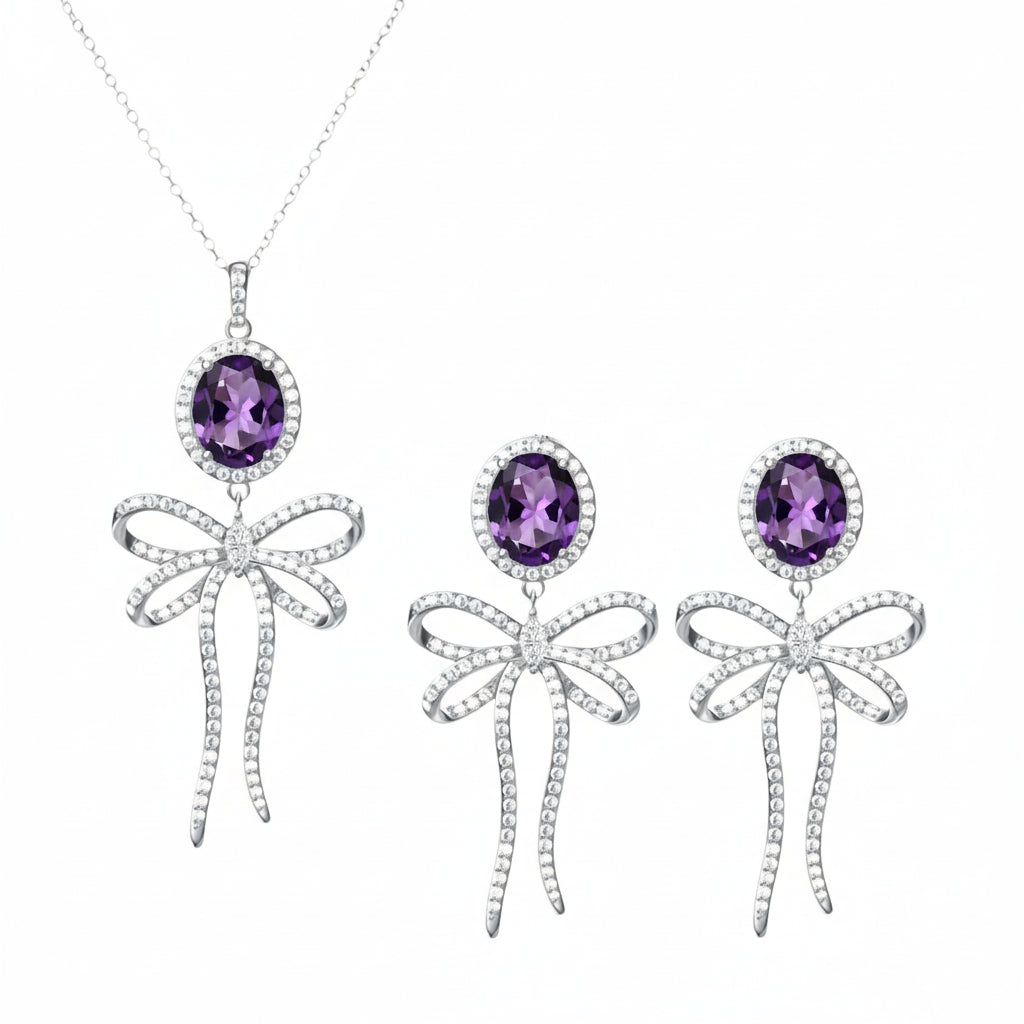 PRE-ORDER - 925 Sterling Silver Bow Tie Necklace & Earrings Set (Choose your Stone Color)