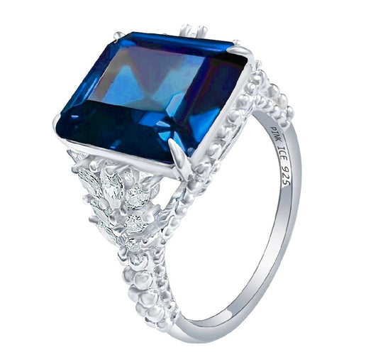 Emerald-Cut Blue Sapphire CZ Beaded Shank 925 Sterling Silver Ring