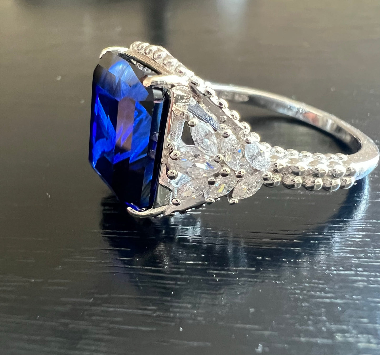 Emerald-Cut Blue Sapphire CZ Beaded Shank 925 Sterling Silver Ring