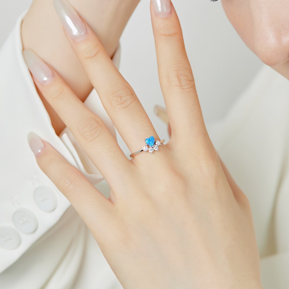 925 Sterling Silver Dog Cat Puppy Kitten Paw Ring - Blue Opal