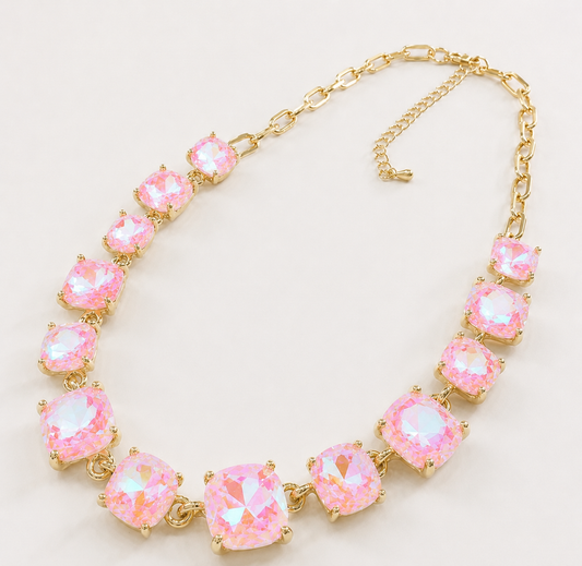 Blush Pink AB Crystal Chain Link Necklace - Durable Zinc Steel Design