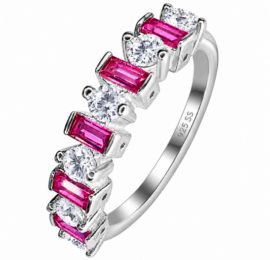 Sterling Silver Round & Baguette Pink Cubic Zirconia Band