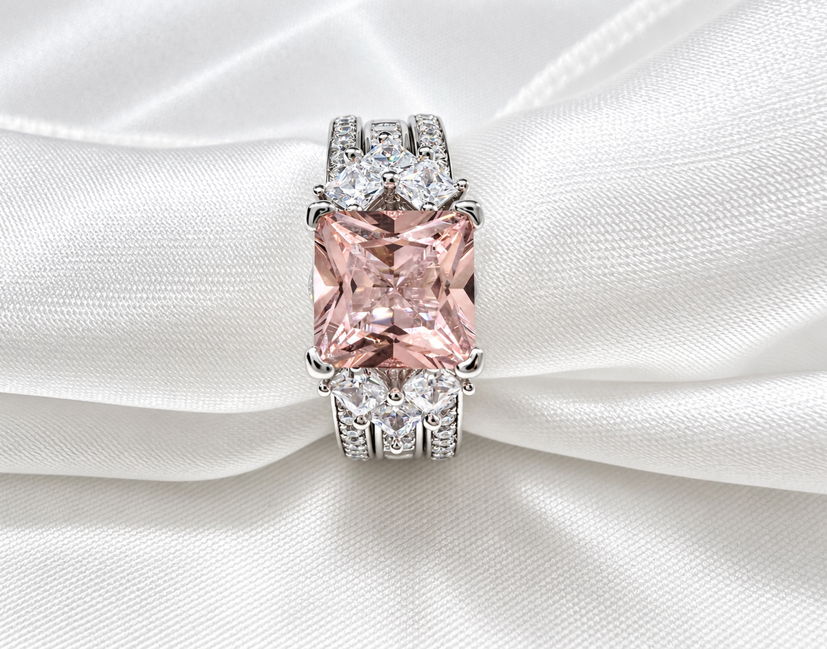 925 Sterling Silver Princess Cut, Morganite & Clear CZ Tri-Band Ring