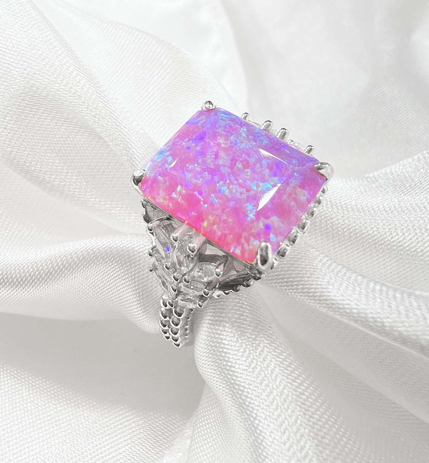 Bubble Gum Pink Fire Opal & CZ Beaded Shank 925 Sterling Silver Ring