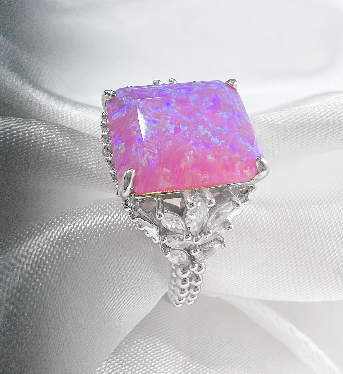 Bubble Gum Pink Fire Opal & CZ Beaded Shank 925 Sterling Silver Ring
