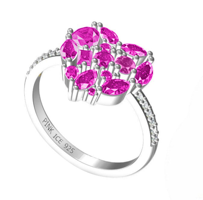 925 Sterling Silver Rose Corundum CZ Cluster Heart Ring on (Rose Gold or Rhodium)
