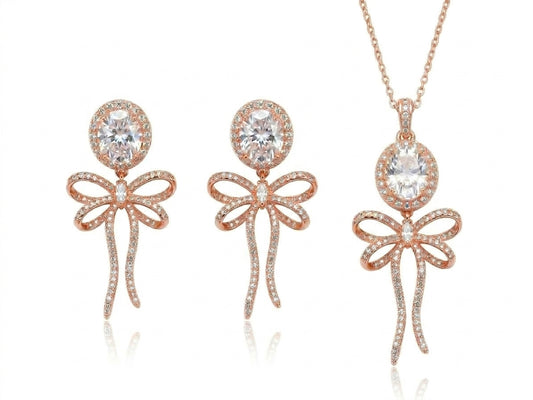 Clear CZ Halo Bow Tie Necklace & Earring Set
