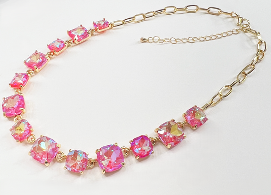 Coral AB Crystal Chain Link Necklace - Durable Zinc Steel Design