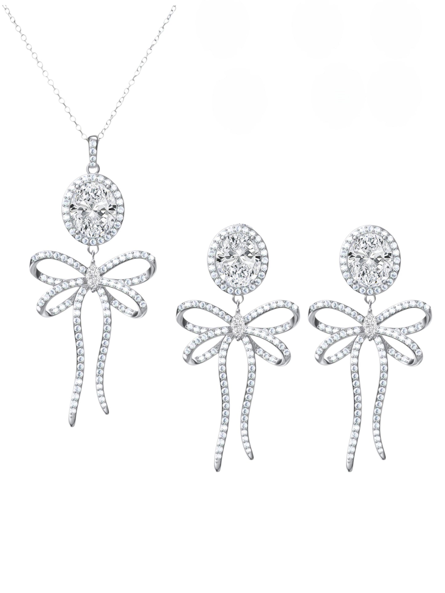 925 Sterling Silver Clear CZ Bow Tie Necklace & Earrings Set