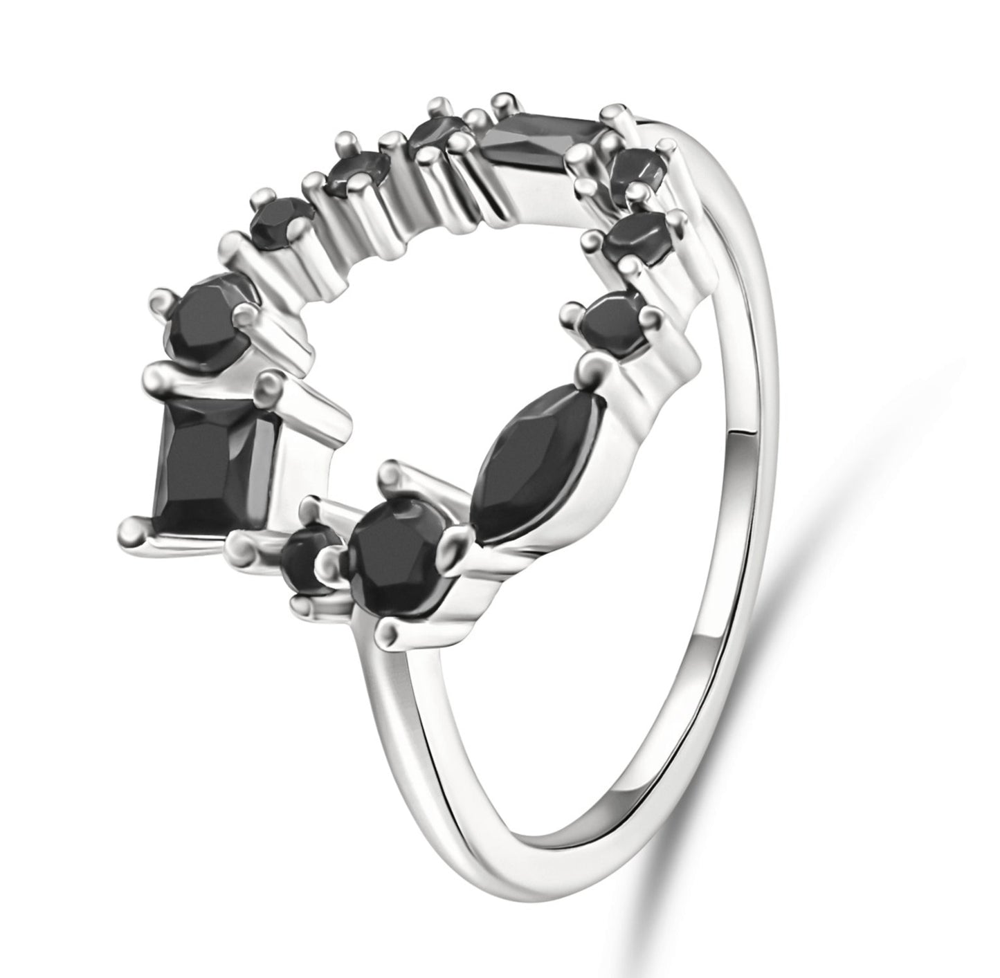Dainty 925 Sterling Silver Black Onyx Geometric Cluster Band Open Circle Ring