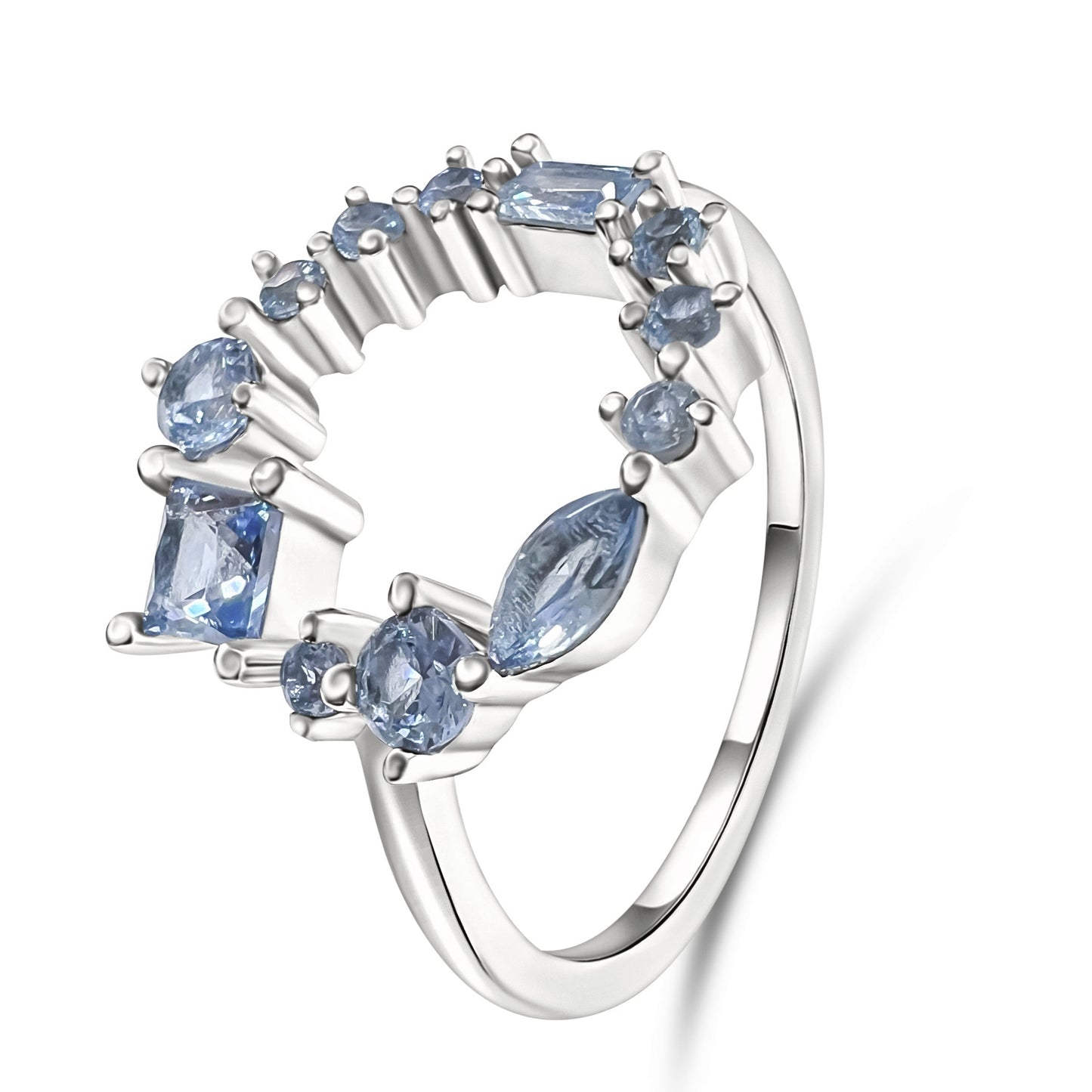 Dainty 925 Sterling Silver London Blue Nano Crystal Geometric Cluster Band Open Circle Ring