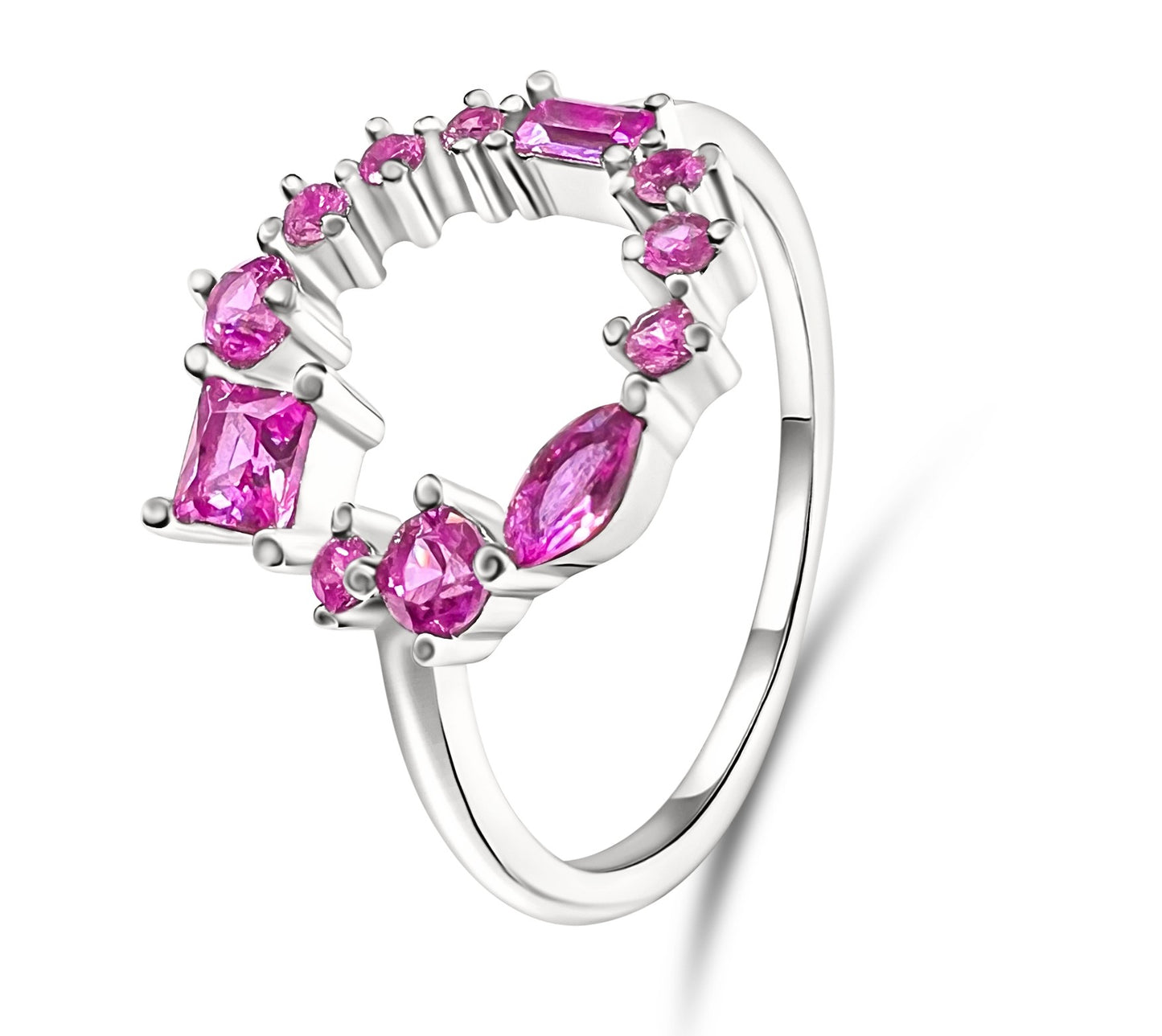 Dainty 925 Sterling Silver Rose Corundum Geometric Cluster Band Open Circle Ring