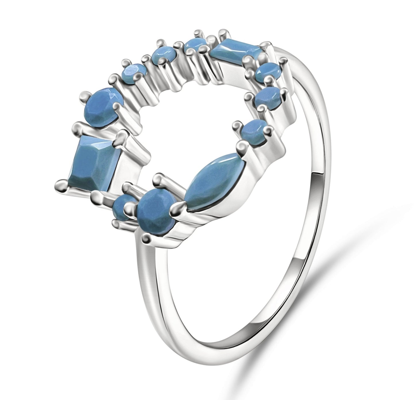 Dainty 925 Sterling Silver Turquoise Nano Crystal Geometric Cluster Band Open Circle Ring