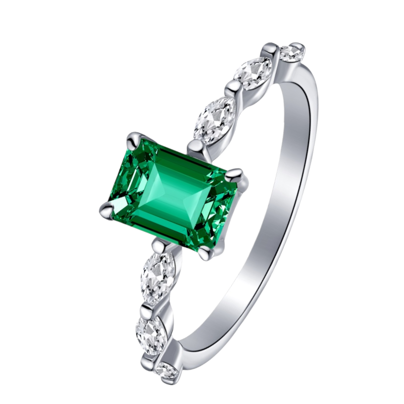 Dainty Sterling Silver Green & Clear Cubic Zirconia Baguette Engagement Ring