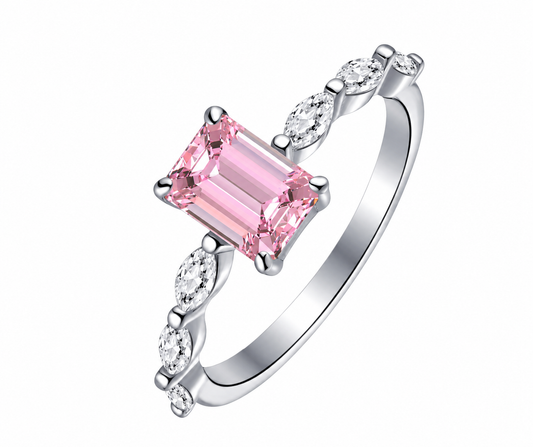 Dainty Sterling Silver Pink & Clear Cubic Zirconia Baguette Engagement Ring