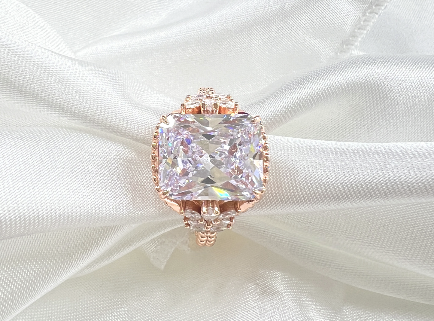 Diamond CZ Beaded Shank 925 Sterling Silver Ring on Rose Gold