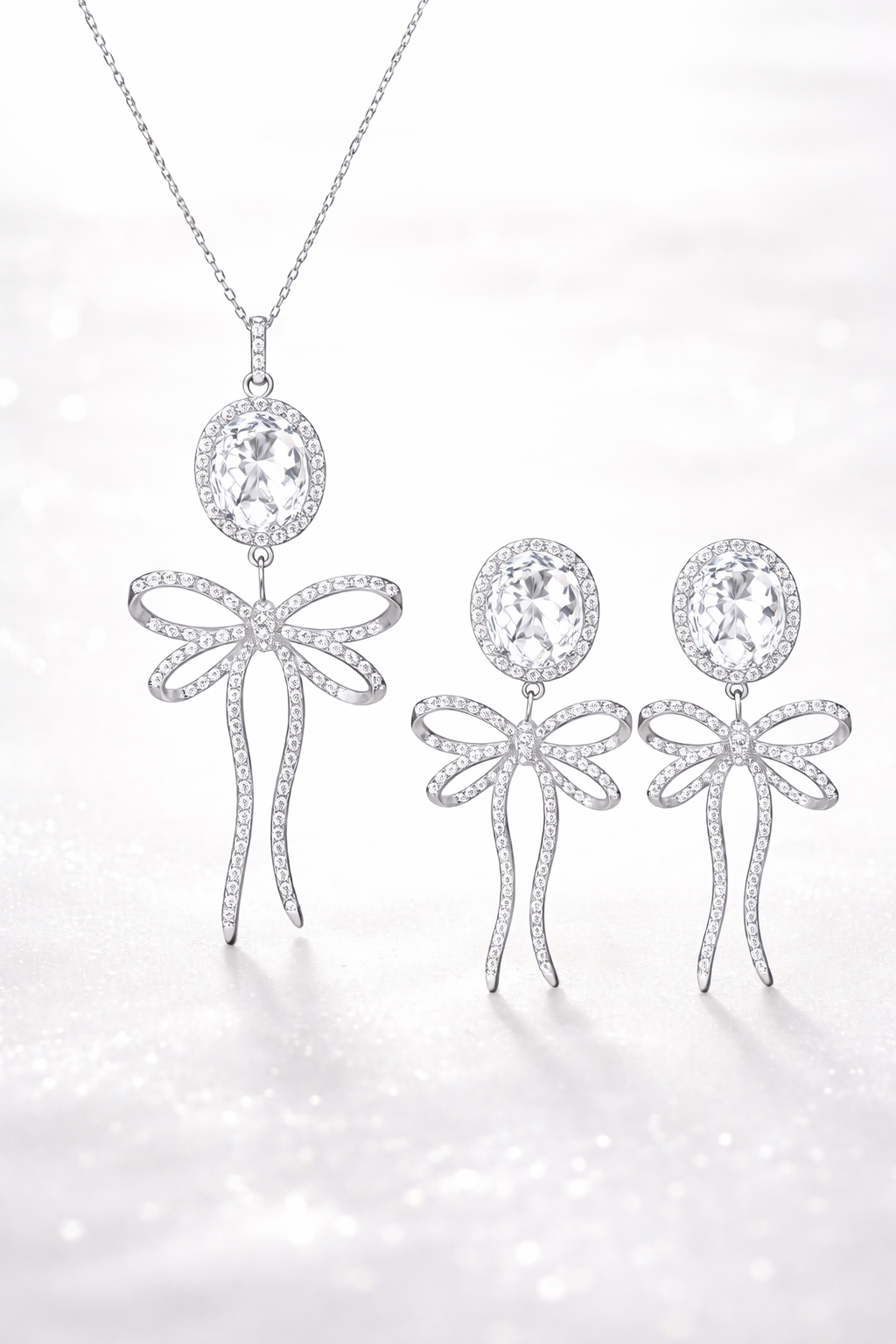 Clear CZ Halo Bow Tie Necklace & Earring Set