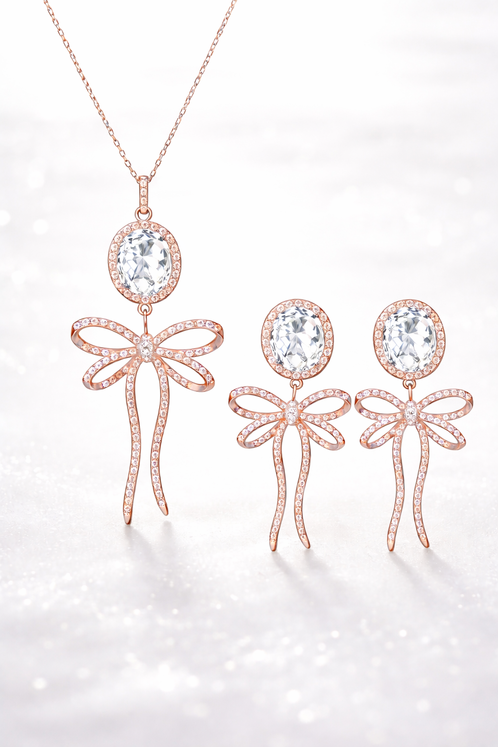 Clear CZ Halo Bow Tie Necklace & Earring Set