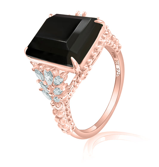 Emerald-Cut Black Onyx Beaded Shank 925 Sterling Silver Ring - Rose Gold