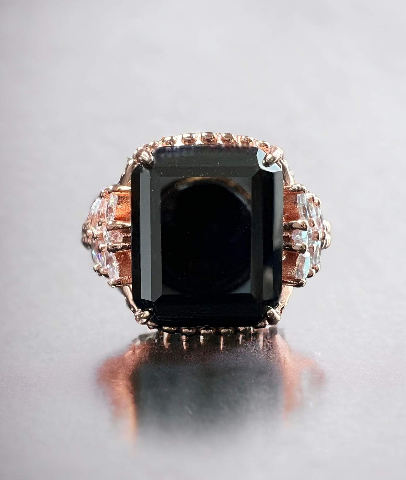 Emerald-Cut Black Onyx Beaded Shank 925 Sterling Silver Ring - Rose Gold