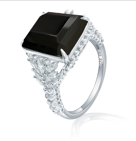 Black Onyx Beaded Shank 925 Sterling Silver Ring