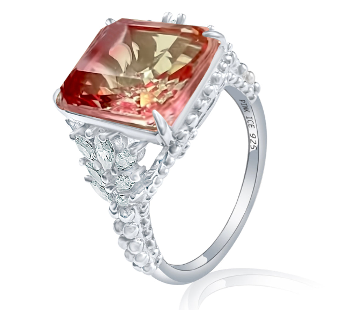 *PRE-ORDER - Emerald-Cut Delicate Rose Yellow Bi-Colored Simulated Tourmaline Beaded Shank 925 Sterling Silver Ring