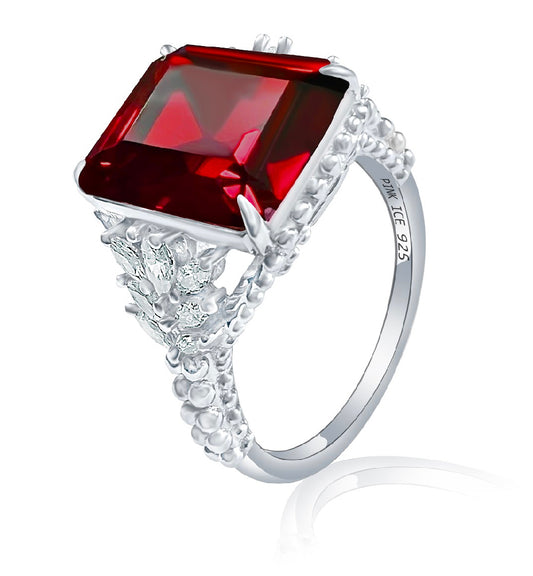 Emerald-Cut Garnet Red CZ Beaded Shank 925 Sterling Silver Ring