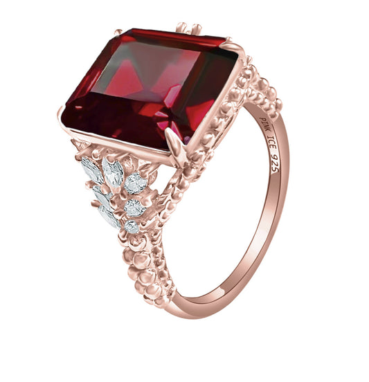 Emerald-Cut Garnet Red CZ Beaded Shank 925 Sterling Silver Ring on Rose Gold