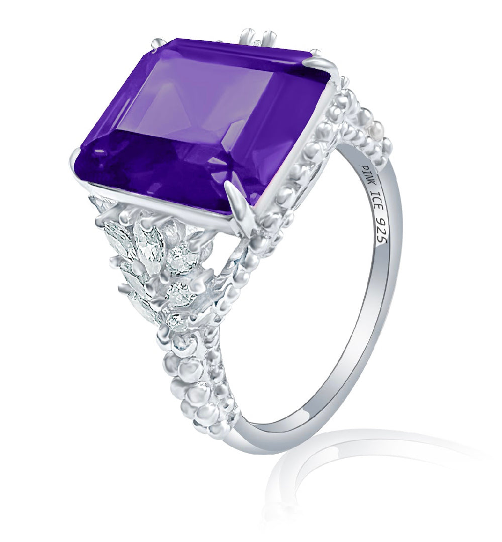 *PRE-ORDER - Emerald-Cut Purple CZ Beaded Shank 925 Sterling Silver Ring
