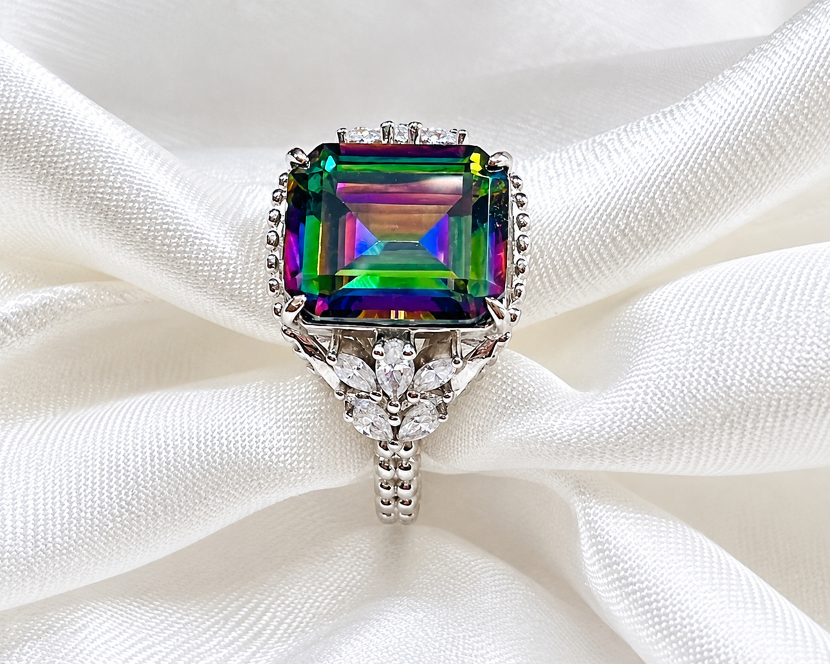*PRE-ORDER - Emerald-Cut Rainbow Topaz Beaded Shank 925 Sterling Silver Ring