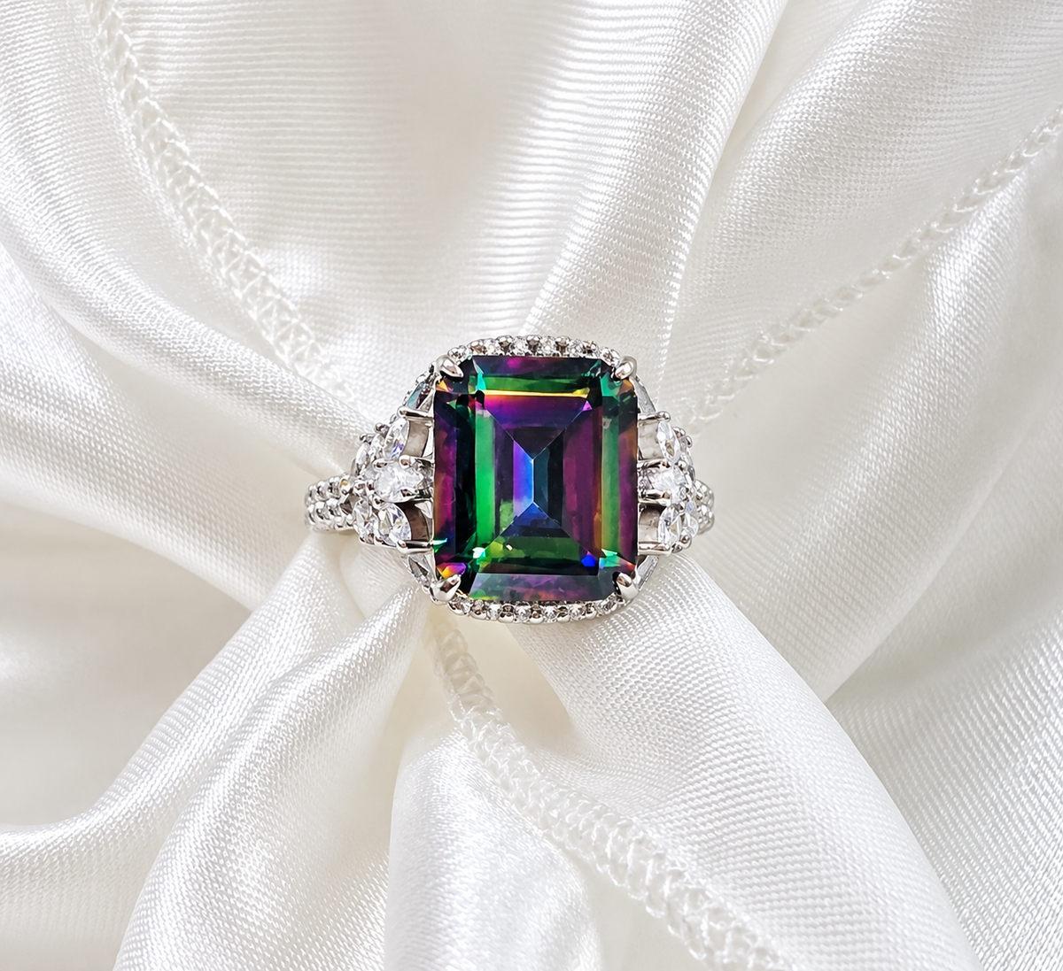 *PRE-ORDER - Emerald-Cut Rainbow Topaz Beaded Shank 925 Sterling Silver Ring