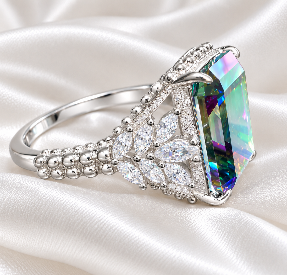 *PRE-ORDER - Emerald-Cut Rainbow Topaz Beaded Shank 925 Sterling Silver Ring