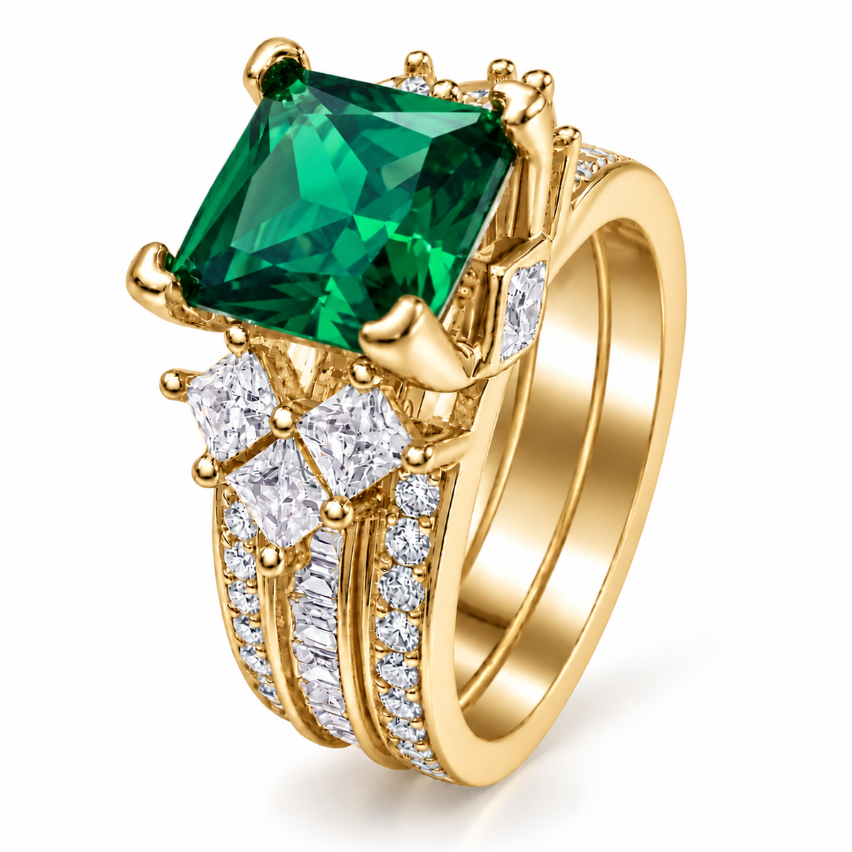 PRE-ORDER - 925 Sterling Silver Princess Cut  Rose Corundum or Emerald Green Tri-Band Ring
