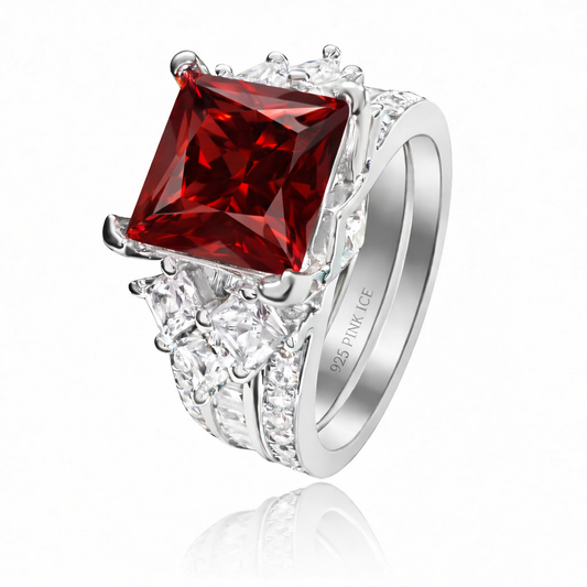 *PRE-ORDER - 925 Sterling Silver Princess Cut, Garnet Red CZ Tri-Band Ring