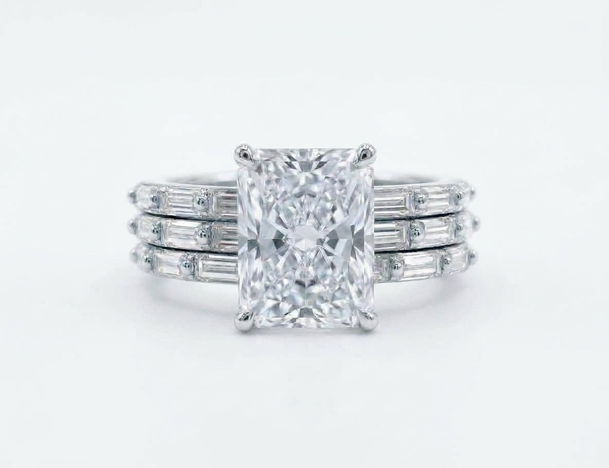 925 Sterling Silver Emerald Cut Diamond 3 Piece Stackable Ring Set