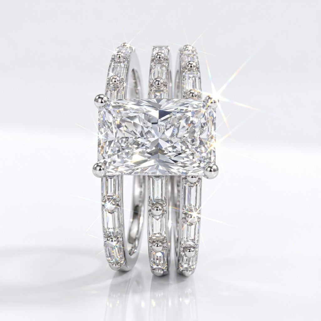 925 Sterling Silver Emerald Cut Diamond 3 Piece Stackable Ring Set