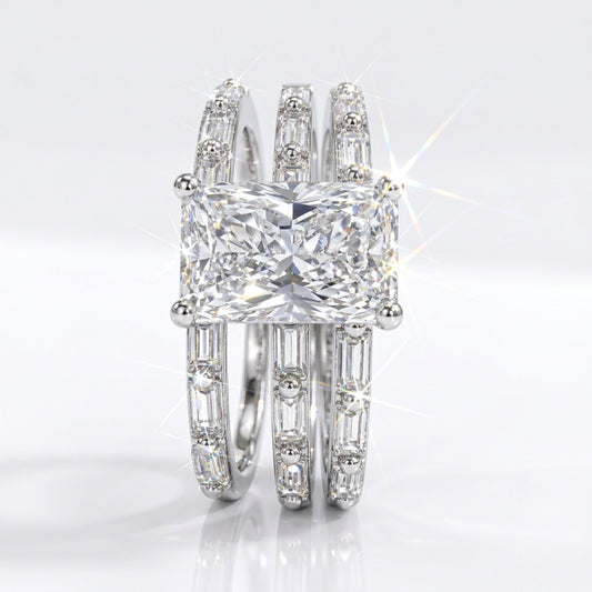 925 Sterling Silver Emerald Cut Diamond 3 Piece Stackable Ring Set