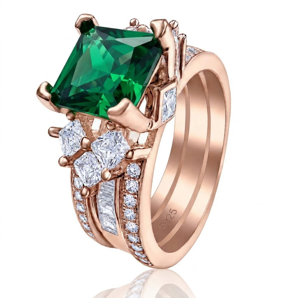 PRE-ORDER - 925 Sterling Silver Princess Cut  Rose Corundum or Emerald Green Tri-Band Ring