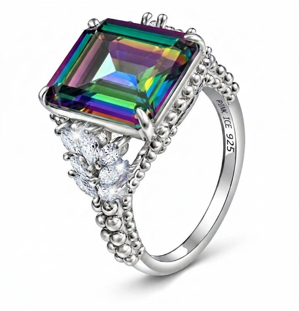 *PRE-ORDER - Emerald-Cut Rainbow Topaz Beaded Shank 925 Sterling Silver Ring