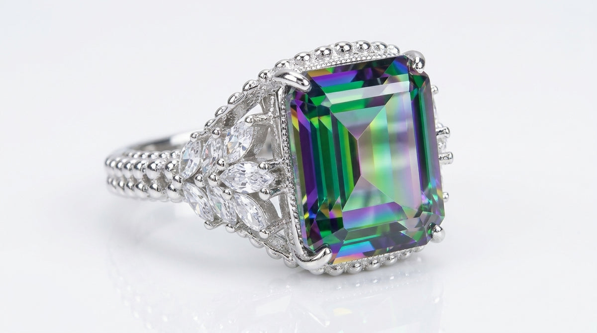 *PRE-ORDER - Emerald-Cut Rainbow Topaz Beaded Shank 925 Sterling Silver Ring