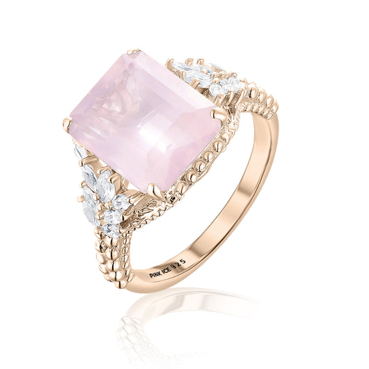 Genuine Rose Quartz Beaded Shank 925 Sterling Silver Ring in Rose Gold
