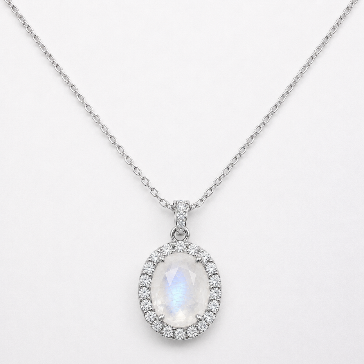 Genuine White Moonstone Oval Halo Necklace