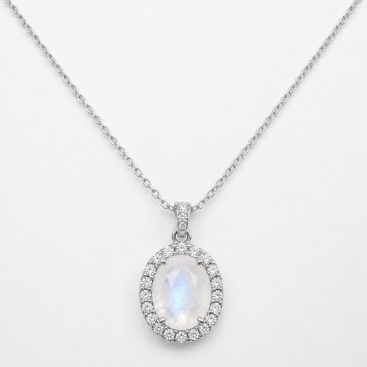 Genuine White Moonstone Oval Halo Necklace