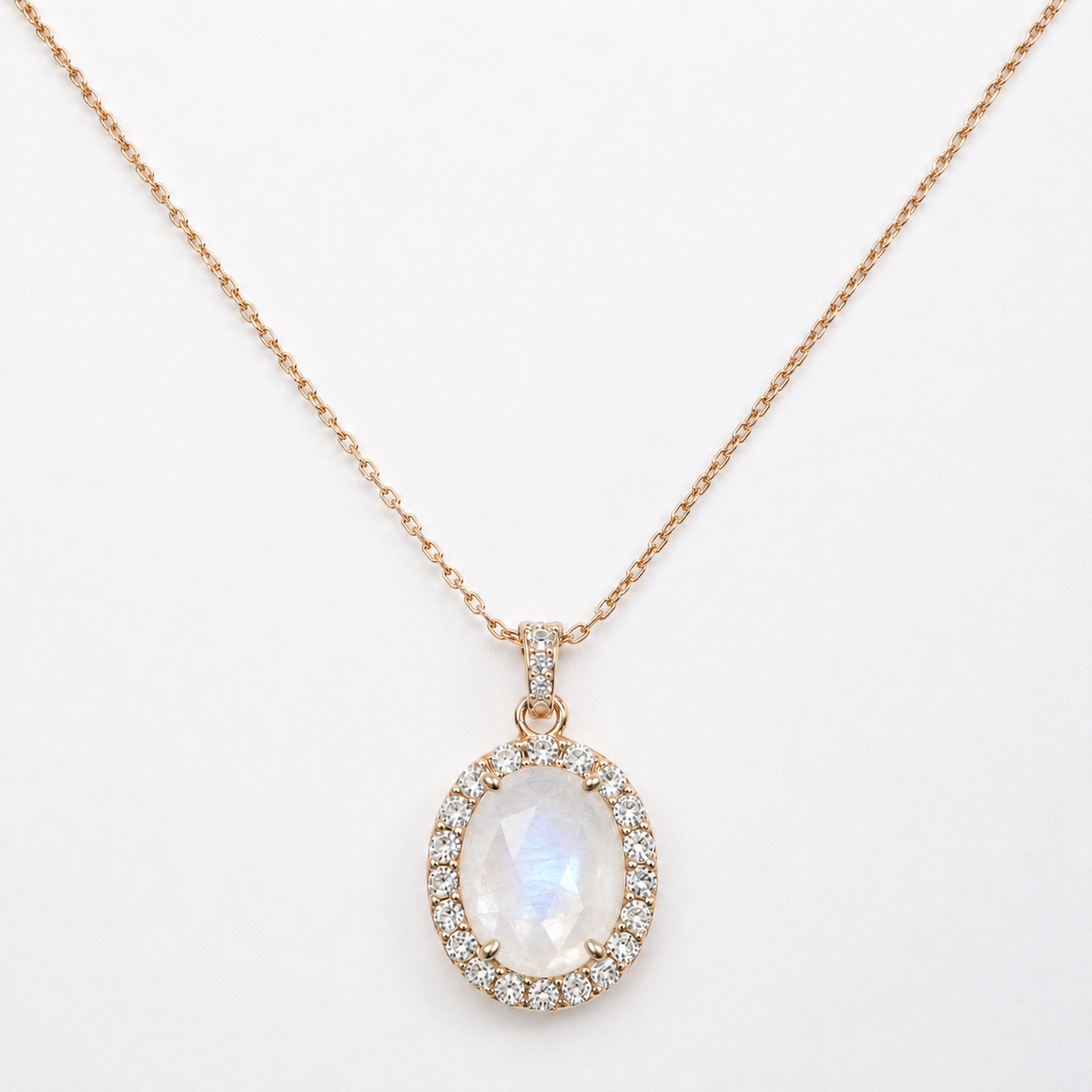 Genuine White Moonstone Oval Halo Necklace