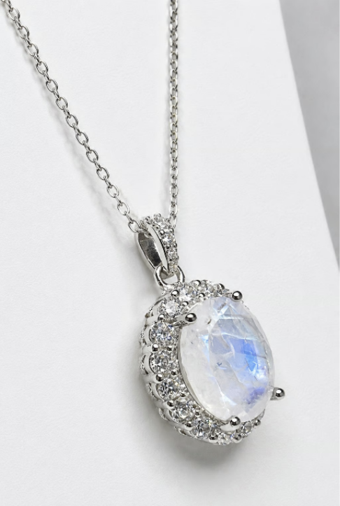 Genuine White Moonstone Oval Halo Necklace