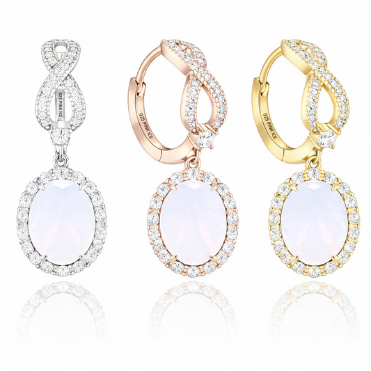 PRE-ORDER - 925 Sterling Silver Oval Halo White Moonstone Infinity Drop Earrings
