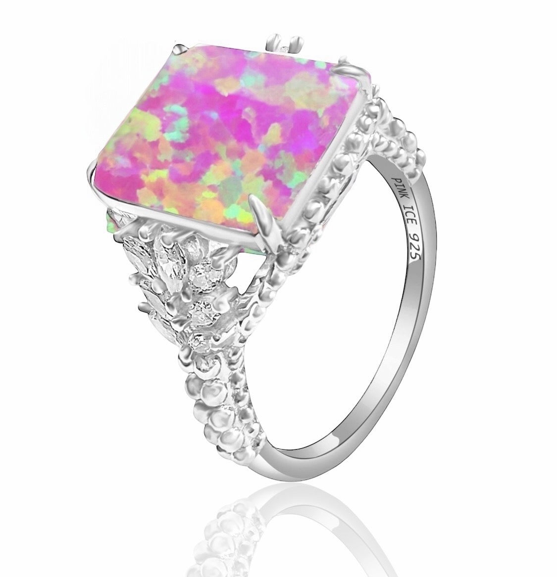 Bubble Gum Pink Fire Opal & CZ Beaded Shank 925 Sterling Silver Ring