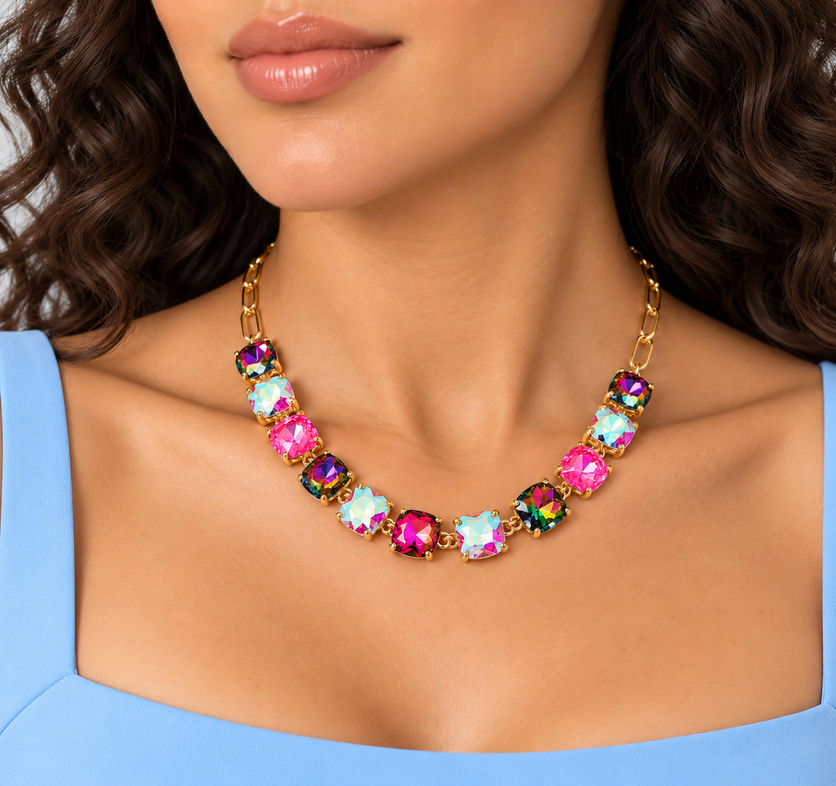 Kaleidoscope Cushion-Cut Statement Necklace - Durable Zinc Steel Design