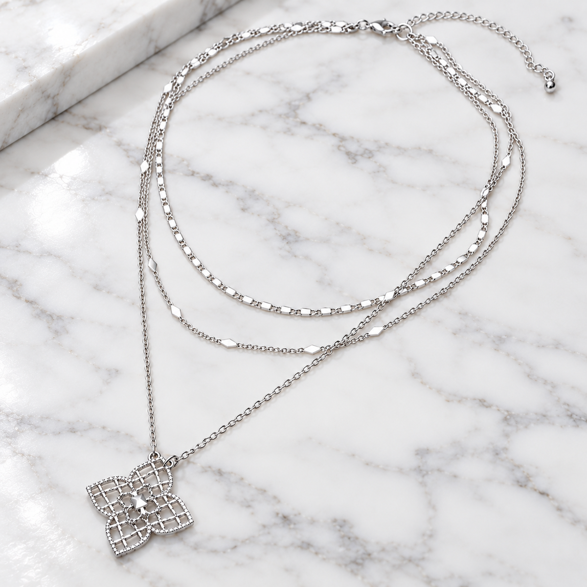 Clover Floral Pendant Triple Layered Chain Necklace
